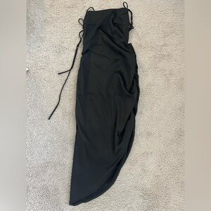 Asymmetrical, open back satin black dress #LittleBlackDress